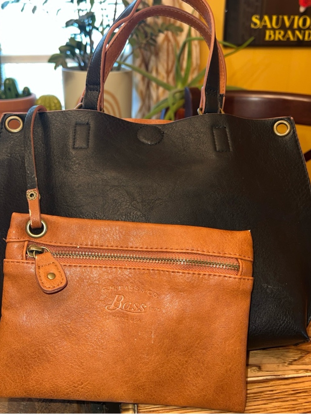 G.H Bass Black Brown Pebbled Faux Leather Hand  Bag Purse with Small Tote